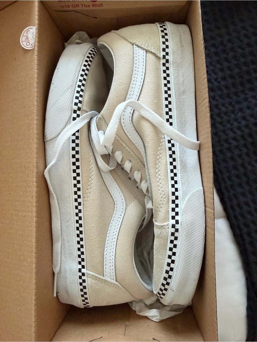 Vans Women’s Old Skool Sneakers in White and Tan with Checkerboard Trim